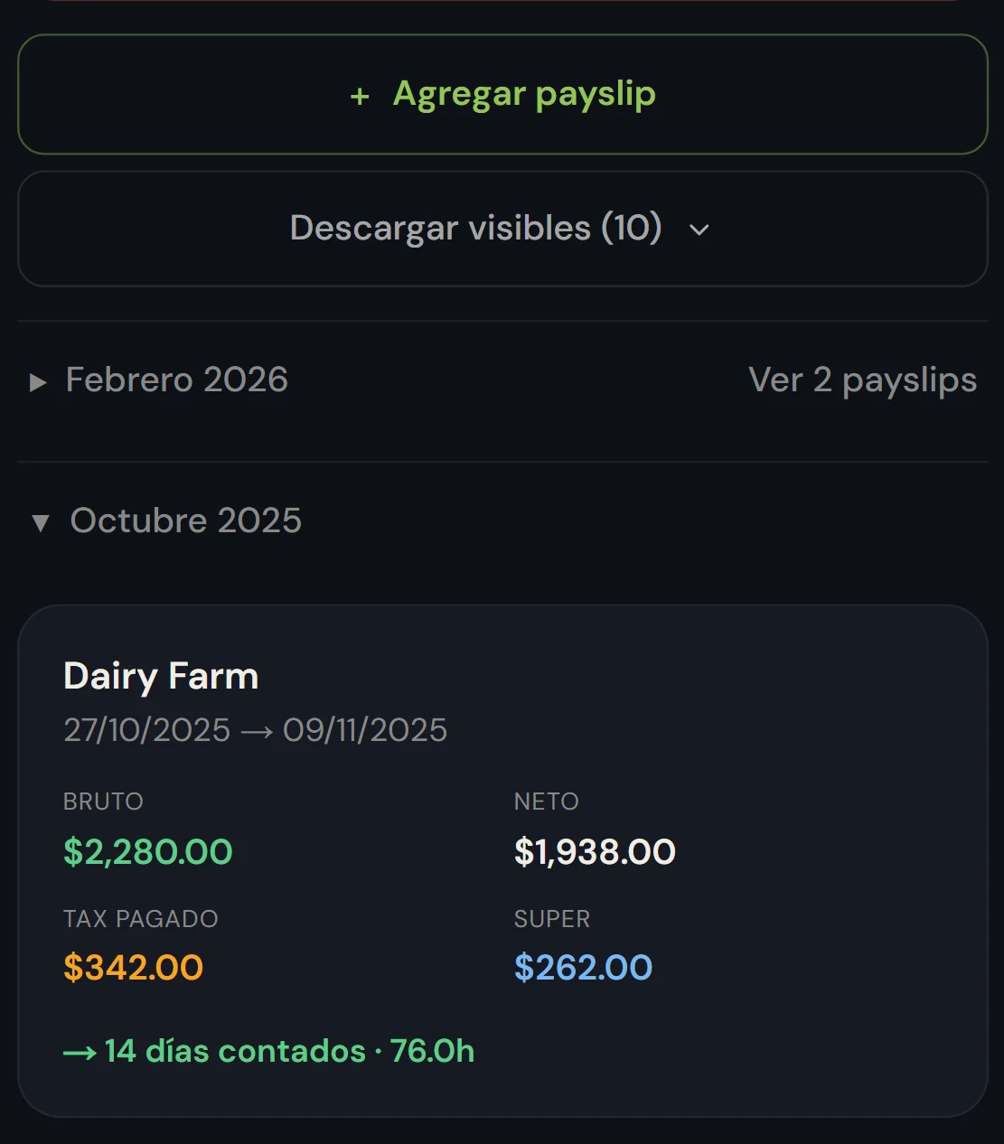 Detalle de un payslip cargado en Roopack